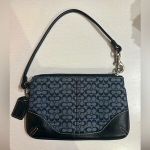 Y2K Coach wristlet in navy & blue signature jacquard canvas black leather trim